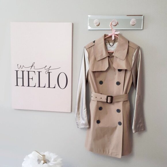 Preloved BCBG belted khaki gold faux leather sleeve trench coat jacket - Picture 10 of 16